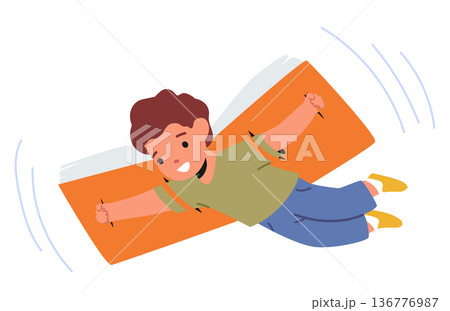 Kid Flying On A Huge Book Wings, Soaring High Above The Clouds With A Look Of Wonder On Face. Imagination Kid Flying On A Huge Book Wings, Soaring High Above The Clouds With A Look Of Wonder On Face. Imagination 136776987