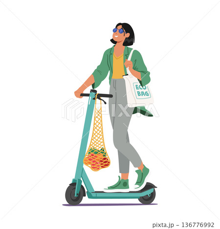 Woman With Eco Bag on Shoulder Using Eco-friendly Transport. Female Character Reducing Carbon Footprint 136776992