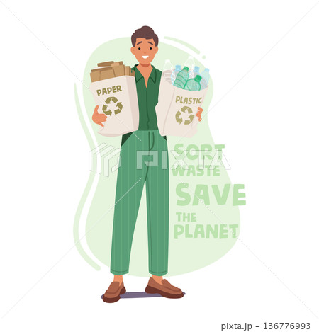Man Holding Eco Bags With Sorted Paper And Plastic, Promoting Recycling And Environmental Consciousness 136776993