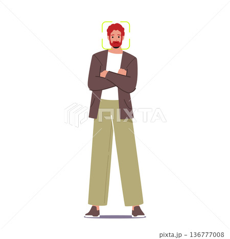 Male Character With Scanning Frame On Face Representing Concept Of Facial Recognition, Identification Digital Technology 136777008