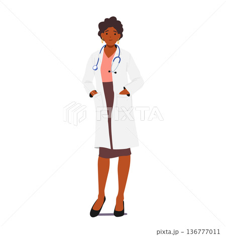 Confident Female Doctor Character With Arms Casually Tucked In Robe Pockets Exuding Professionalism, Vector Illustration Confident Female Doctor Character With Arms Casually Tucked In Robe Pockets Exuding Professionalism, Vector Illustration 136777011