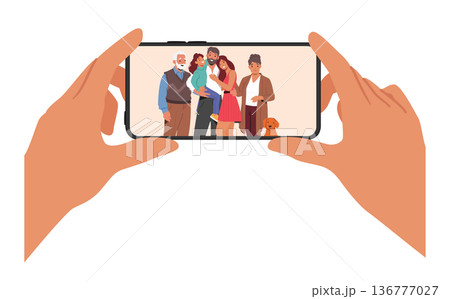 Cheerful Family Characters Portrait On Phone Screen Captures The Happiness And Love Of The Moment, Memory Cheerful Family Characters Portrait On Phone Screen Captures The Happiness And Love Of The Moment, Memory 136777027