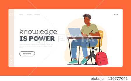 Knowledge is Power Landing Page Template. Male Student Character Sitting at Desk With Laptop Type in Notebook 136777041