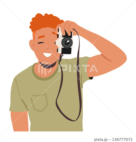 Young Man Captures Life Moments With His Camera. Male Character Creating Memories And Sharing Them With The World 136777072