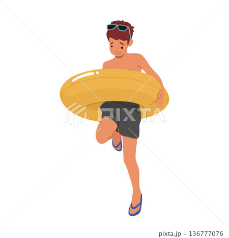 Little Boy Stand with Inflatable Ring, Happy child Grinning Widely, his Arms Are Wrapped Tightly Around The Yellow Float 136777076