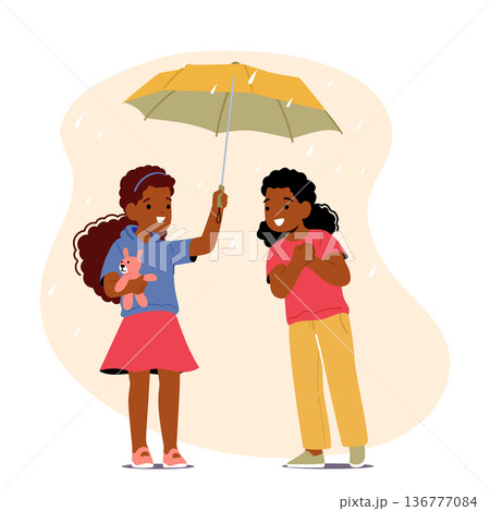 Little Girl Inviting Friend Under Umbrella. Characters Smile, Shared Laughter, Shelter From Rain. Friendship, Connection Little Girl Inviting Friend Under Umbrella. Characters Smile, Shared Laughter, Shelter From Rain. Friendship, Connection 136777084
