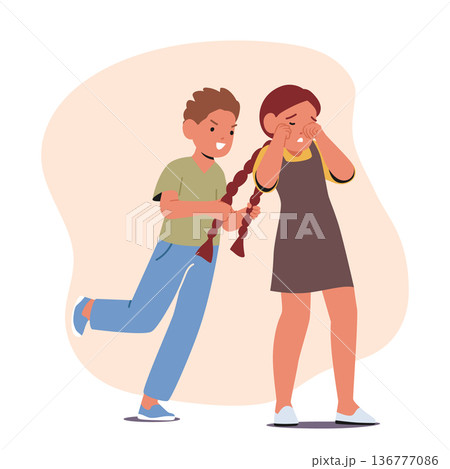 Playful Boy Teasing Girl By Pulling Her Pigtails, Causing Her To React With A Mix Of Annoyance And Amusement 136777086
