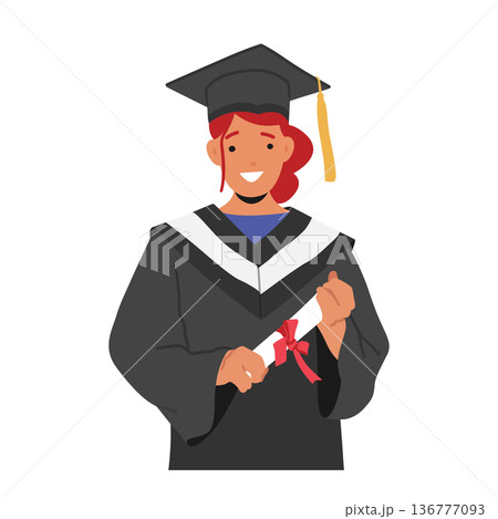 Student Graduation Concept. Happy And Excited Girl Character Graduates, Proud Of Her Achievements, Vector Illustration 136777093