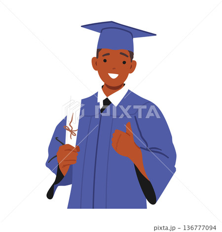 Happy Boy Student Character Beaming With Pride, Hold His Graduation Certificate As He Celebrates Academic Achievement 136777094