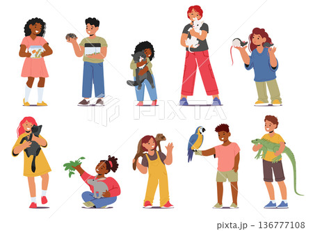 Joyful Children Characters Bonding With Their Beloved Pets Experiencing The Unconditional Love, Vector Illustration 136777108