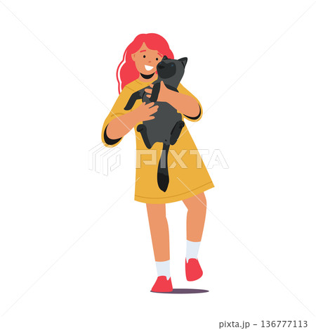 Adorable Child Character Bonding With Their Beloved Cat Companion, Forming A Heartwarming And Joyful Connection 136777113
