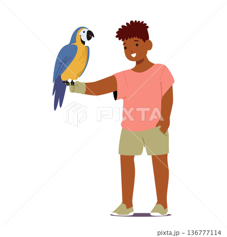Joyful Boy Character With A Colorful Parrot Pet Sitting on Hand, Creating A Delightful Bond. They Share Playful Moments Joyful Boy Character With A Colorful Parrot Pet Sitting on Hand, Creating A Delightful Bond. They Share Playful Moments 136777114