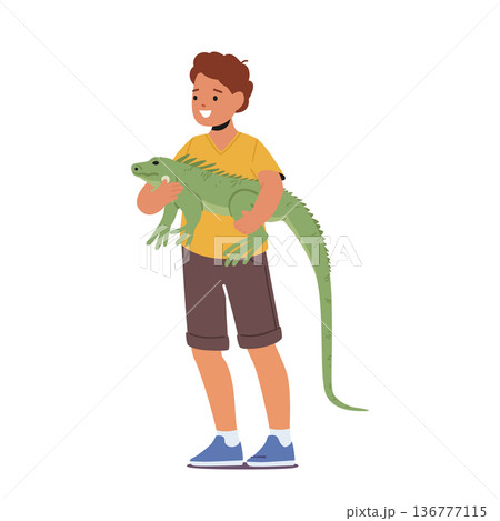 Child Joyfully Holding A Varan Pet, Face Filled With Excitement And Curiosity. Bond Between The Kid And Reptile Child Joyfully Holding A Varan Pet, Face Filled With Excitement And Curiosity. Bond Between The Kid And Reptile 136777115