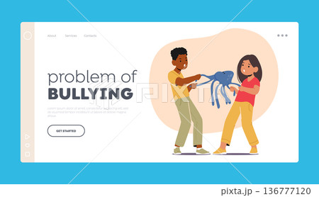 Problem of Bullying Landing Page Template. Boy And Girl Characters Tug Toy, Unable To Share, Unwilling To Compromise 136777120