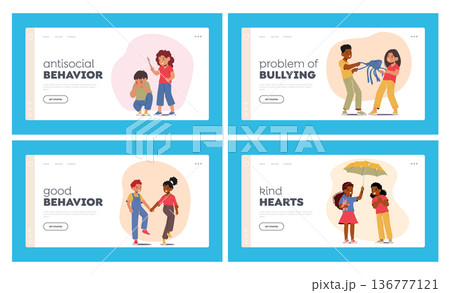 Children's Behavior Landing Page Template Set. Characters Sharing Toy, Helping Others, Playing Nicely Vs Tantrums Children's Behavior Landing Page Template Set. Characters Sharing Toy, Helping Others, Playing Nicely Vs Tantrums 136777121