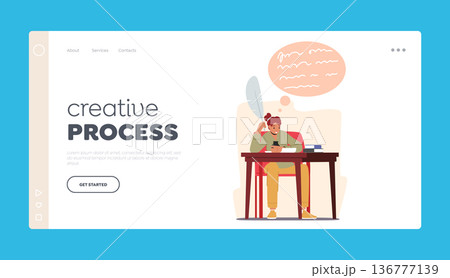 Creative Process Landing Page Template. Female Character Writer Or Poet Sitting At Desk With Inkwell, Feather Pen Creative Process Landing Page Template. Female Character Writer Or Poet Sitting At Desk With Inkwell, Feather Pen 136777139