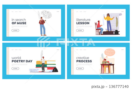 Creative Process Landing Page Template Set. Writers Or Poets Characters Reading And Writing Poetries 136777140