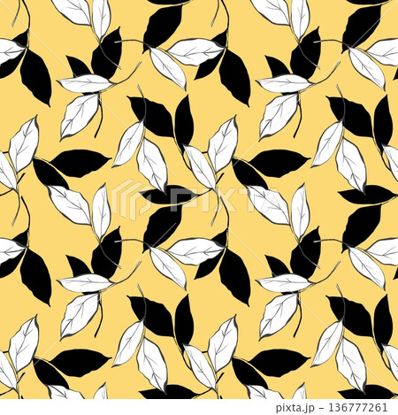 Minimalist black and white leaves seamless pattern on yellow background 136777261