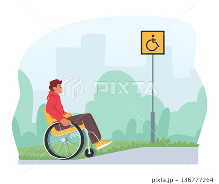 Male Character In Wheelchair Ascending A Ramp On Street, Overcoming Architectural Barriers Vector Illustration Male Character In Wheelchair Ascending A Ramp On Street, Overcoming Architectural Barriers Vector Illustration 136777264