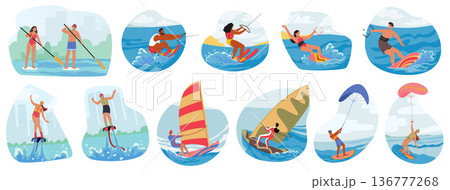 Set of Character Engaged in Water Activities Swimming, Boating, Paddleboarding, Kite or Wind Surfing, Water Skiing Set of Character Engaged in Water Activities Swimming, Boating, Paddleboarding, Kite or Wind Surfing, Water Skiing 136777268