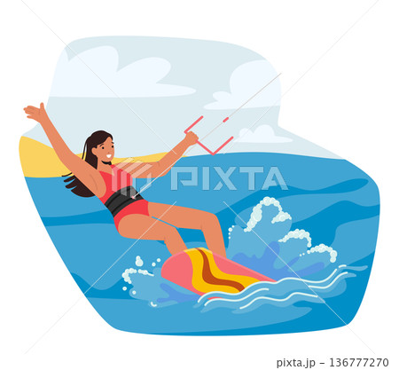 Female Character Kite Surfing. Woman Using Kite To Harness The Wind, Glides Over The Waves, Performing Tricks And Jumps 136777270
