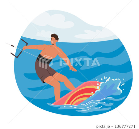 Sportsman Character Kite Surfing On Ocean Waves, Skillfully Riding The Wind And Performing Acrobatic Maneuvers 136777271