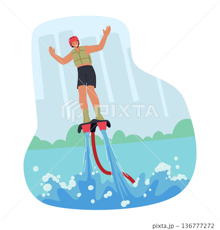 Man Character Soaring On Flyboard With Water Propulsion, Performing Aerial Tricks And Stunts, While Enjoying The Thrill Man Character Soaring On Flyboard With Water Propulsion, Performing Aerial Tricks And Stunts, While Enjoying The Thrill 136777272