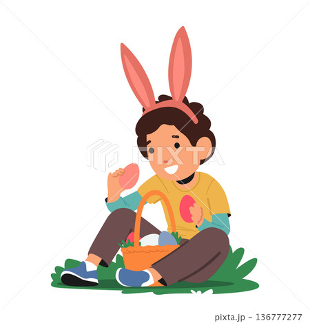 Little Boy Donning Rabbit Ears Picks Brightly Colored Easter Eggs From The Grass. The Joyous And Festive Image Little Boy Donning Rabbit Ears Picks Brightly Colored Easter Eggs From The Grass. The Joyous And Festive Image 136777277