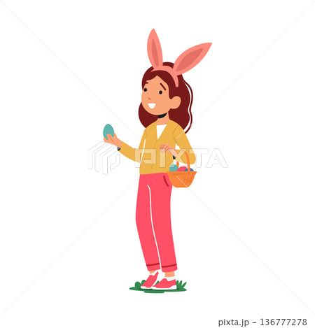 Cute Child Girl Character Wearing Bunny Ears Holds Easter Eggs In Hands With Playful Expression On Face 136777278
