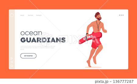 Ocean Guardians Landing Page Template. Lifeguard Male Character Sprints To Aid In Rescue Demonstrating Swift Action Ocean Guardians Landing Page Template. Lifeguard Male Character Sprints To Aid In Rescue Demonstrating Swift Action 136777287