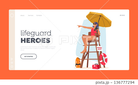 Lifeguard Heroes Landing Page Template. Woman On Tower Equipped With Binoculars, Ensure Safety on Beach or Pool 136777294