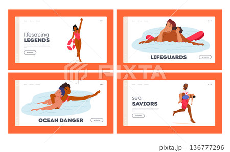 Lifeguards Landing Page Template Set. Characters On Beach Are Vigilant, Trained, And Responsible For Ensuring Safety 136777296