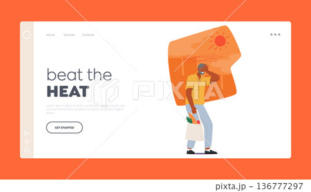 Beat the Heat Landing Page Template. Senior Man Experiencing Heat-related Discomfort Due To Hot Weather 136777297