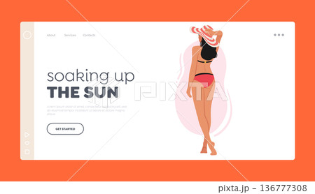 Sunbathe Landing Page Template. Rear View Of Woman Character In Swimsuit and Hat Standing On Beach, Vector Illustration Sunbathe Landing Page Template. Rear View Of Woman Character In Swimsuit and Hat Standing On Beach, Vector Illustration 136777308