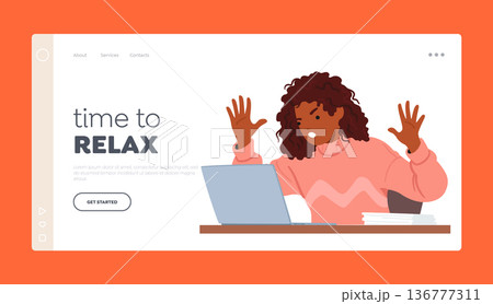 Time to Relax Landing Page Template. Frustrated Black Woman Character Expressing Anger While Using Her Laptop 136777311
