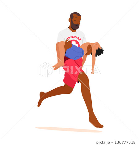 Lifeguard African American Male Character Sprinting, Carrying Unconscious Boy in Arms, Rescuing On Beach Ensuring Safety 136777319