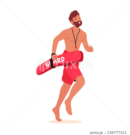 Lifeguard Character Sprints To Aid In Rescue Demonstrating Swift Action And Readiness To Assist In Critical Situations Lifeguard Character Sprints To Aid In Rescue Demonstrating Swift Action And Readiness To Assist In Critical Situations 136777321