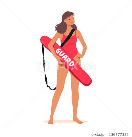 Experienced Female Lifeguard Character Ensuring Safety, Vigilance, Rescue Readiness At The Pool Or Beach Experienced Female Lifeguard Character Ensuring Safety, Vigilance, Rescue Readiness At The Pool Or Beach 136777323
