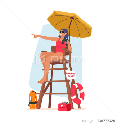 Vigilant Lifeguard Woman Character On Tower, Equipped With Binoculars, Ensures Safety And Scans The Surroundings Vigilant Lifeguard Woman Character On Tower, Equipped With Binoculars, Ensures Safety And Scans The Surroundings 136777326
