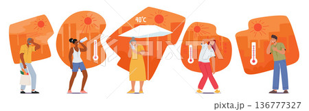 Young and Senior Characters Experience Discomfort Due To Heat, Sweating, Dehydration, Fatigue, Sunburn, Heat Exhaustion 136777327