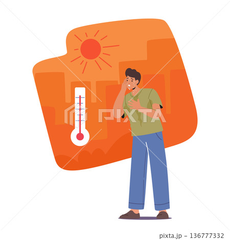 Exhausted Tired Male Character Perspires, Fatigues, Dehydrates, Feels Dizzy, Weak, And Uncomfortable Due To Extreme Heat 136777332