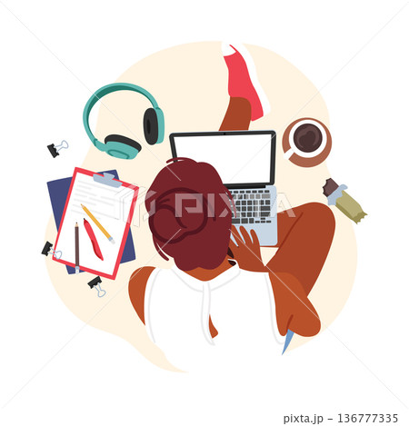 Female Character Student or Freelancer Working or Studying on Laptop Top View. Young Woman Sitting with Notebook Female Character Student or Freelancer Working or Studying on Laptop Top View. Young Woman Sitting with Notebook 136777335