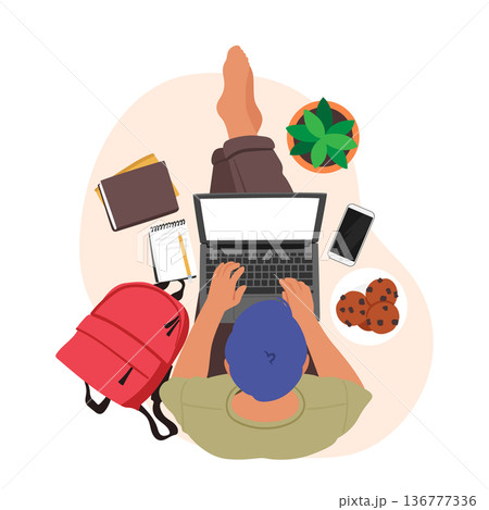 Young Male Character with Laptop Top View. Freelancer or Student Sitting on Floor with Notebook, Rucksack, Smartphone Young Male Character with Laptop Top View. Freelancer or Student Sitting on Floor with Notebook, Rucksack, Smartphone 136777336