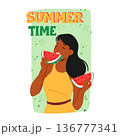 Summer Time Poster with Woman Enjoying A Slice Of Juicy Watermelon On A Hot Day. Female Character Smile 136777341