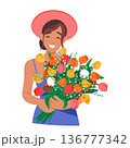 Happy Woman Holds Summer Flowers In Her Hands. Female Character Wears Blue Dress And A Big Smile On Her Face 136777342