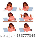 Woman Working On Laptop Expresses Range Of Emotions Such As Concentration, Frustration, Joy, Determination 136777345