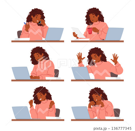 Woman Working On Laptop Expresses Range Of Emotions Such As Concentration, Frustration, Joy, Determination Woman Working On Laptop Expresses Range Of Emotions Such As Concentration, Frustration, Joy, Determination 136777345