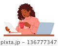 Multitasking Woman Enjoys Quiet Moment As She Reads The Paper And Sips Coffee At Her Desk, Accompanied By Her Laptop 136777347