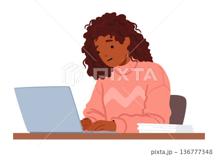 Focused Woman Character Typing On Laptop, Engrossed In Work. Her Fingers Dance Across The Keyboard With Precision 136777348