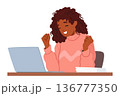 Joyful Woman Character Smiling While Working On Her Laptop, Radiating Positive Energy And Contentment 136777350